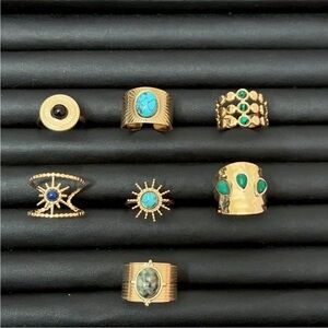 Women's 18K Gold-Plated Adjustable Gemstone Rings Vintage Style Set of 7
